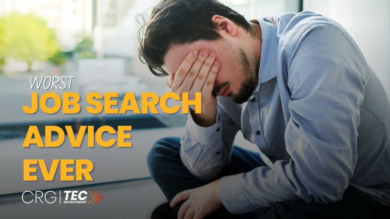 A frustrated job seeker sitting with head in hands, representing the stress of following bad job search advice — CRG TEC Recruitment blog cover.